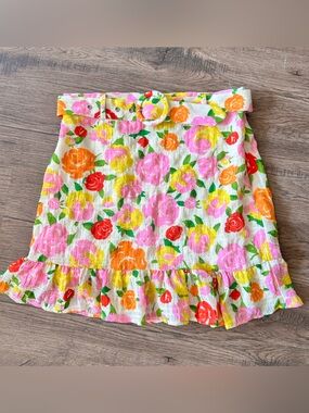 Mango |Floral Belted Mini Skirt - Cream with Multi-Colored Flowers sz XS